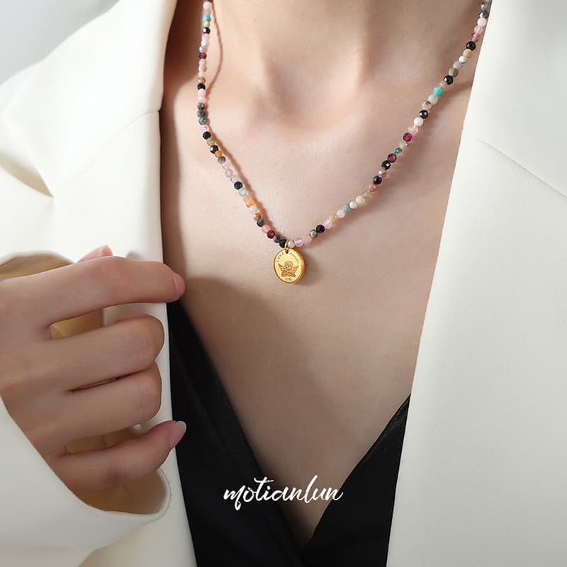 Personalized Blue-Gray Natural Stone Hand-Beaded Design Starry Sky Glaze Design Boy Pendant Titanium Steel Necklace