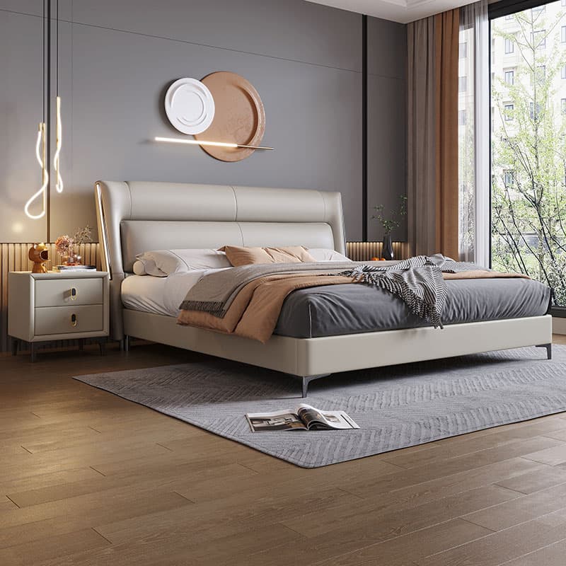 Genuine Leather Bed, Light Luxury Style, Modern and Simple, Double Bed, Master Bedroom, High-End and Elegant, Multifunctional Storage Wedding Bed