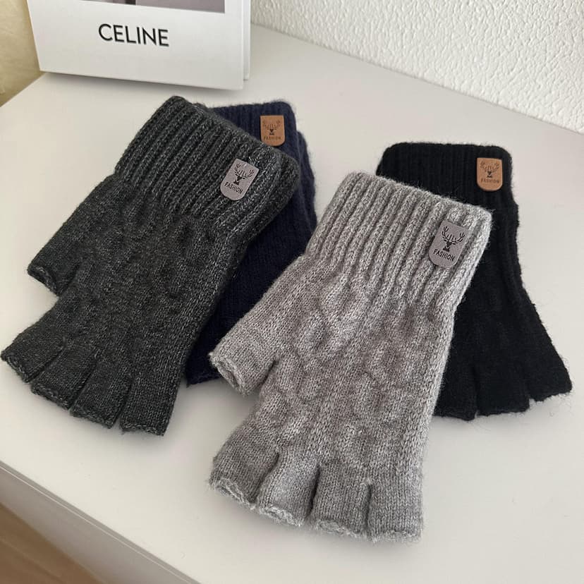 Wool Knitted Gloves for Men in Winter, Fingerless, Touchscreen-Compatible, for Outdoor Cycling, Electric Vehicles, Fleece-Lined, Thickened, Warm and Cold-Proof