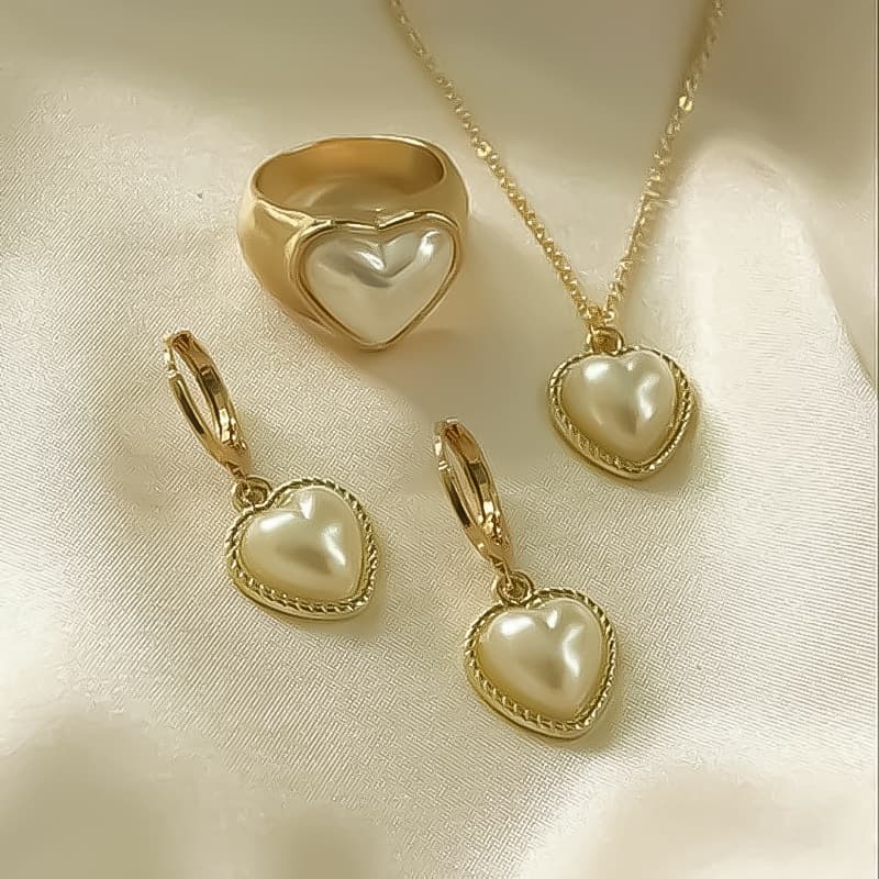 Pearl necklace jewelry set 3 pieces Pearl Heart necklace jewelry Suit 3 piece set