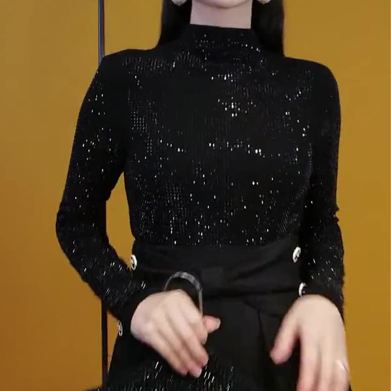 Black Heavy-Duty Rhinestone Half-High Collar Base Shirt for Women, 2025 Autumn Season, Basic Versatile Slim-Fit Unique Top