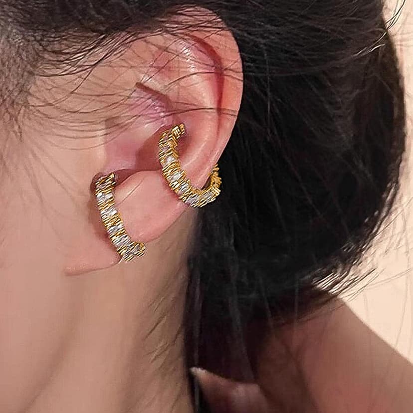 Fashion Earrings, Gold-Plated Copper with Zircon Inlay, Non-Pierced Ear Clips, Super Shiny Single Row Diamond Ear Cuffs
