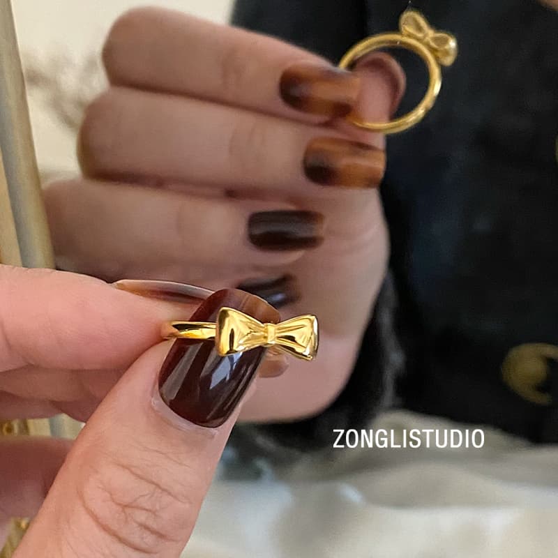 Trendy Gold Bow Ring, Japanese and Korean Sweet Style, Titanium Steel Gold-Plated Ring, Plain Band, ins Style, Three-Dimensional Fashion
