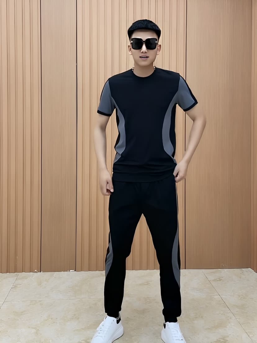 Men's Casual Sports Suit 2025 Autumn New Style Ice-Silk Smooth Fashionable Casual Versatile Patchwork Suit Trendy and Handsome