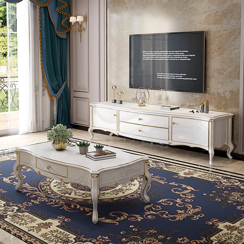 American Style Accessible Luxury Solid Wood TV Cabinet Coffee Table Combination European Style French Style Small Apartment Living Room House Minimalist White Floor Cabinet