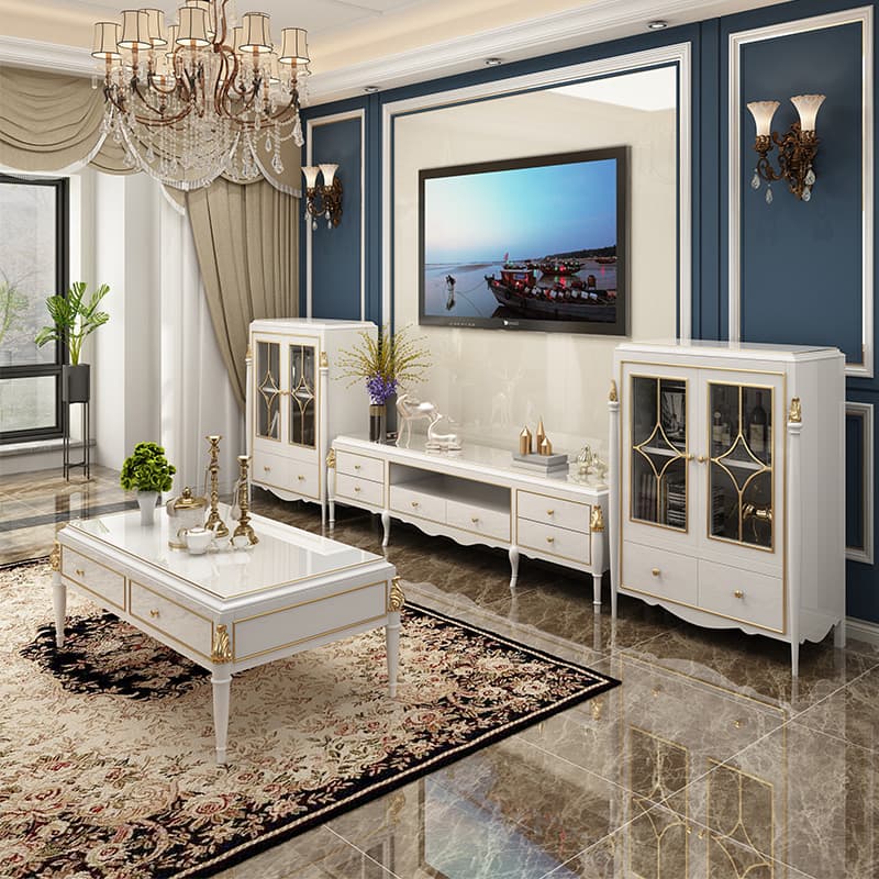 American Style Accessible Luxury Solid Wood Coffee Table TV Cabinet Combination European Style Small Apartment Living Room Furniture White Minimalist Cabinet with Drawdown