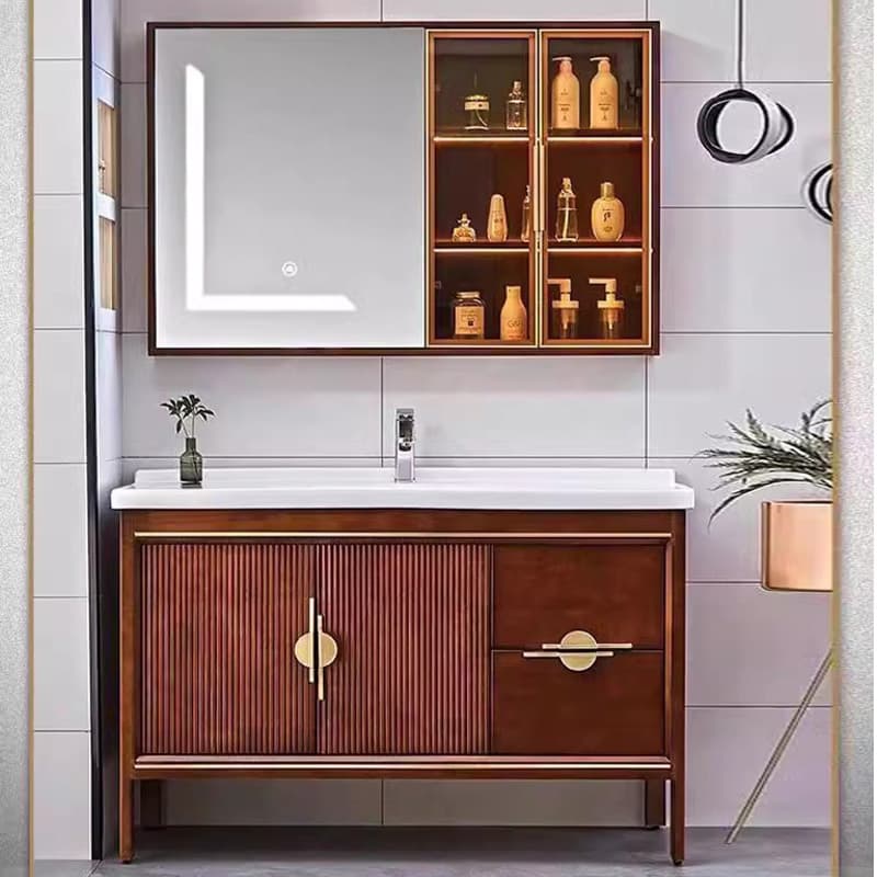 New Chinese-Style Bathroom Cabinet Set with Solid Wood and Ceramic Integrated Basin, Floor-Standing Bathroom Vanity, Washbasin for Washing Hands and Face