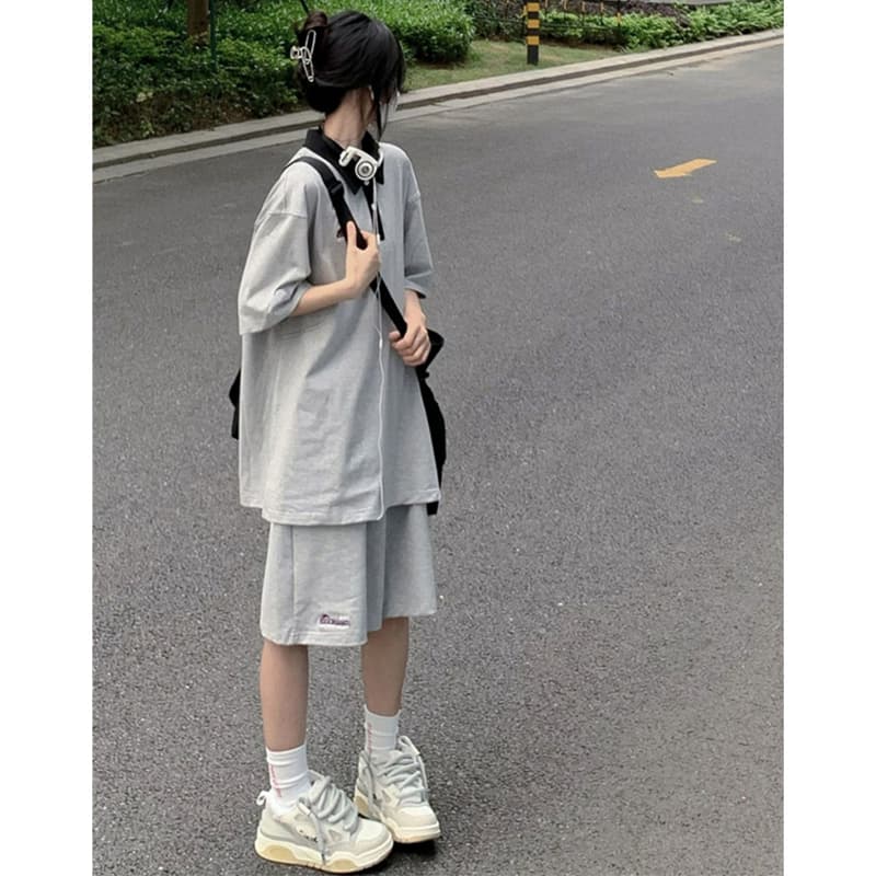 Casual Sports Suit for Women, Summer Korean Style, Loose Fit, Slimming, Fashionable Short-Sleeved Shorts, Running Two-Piece Set, Pure Cotton