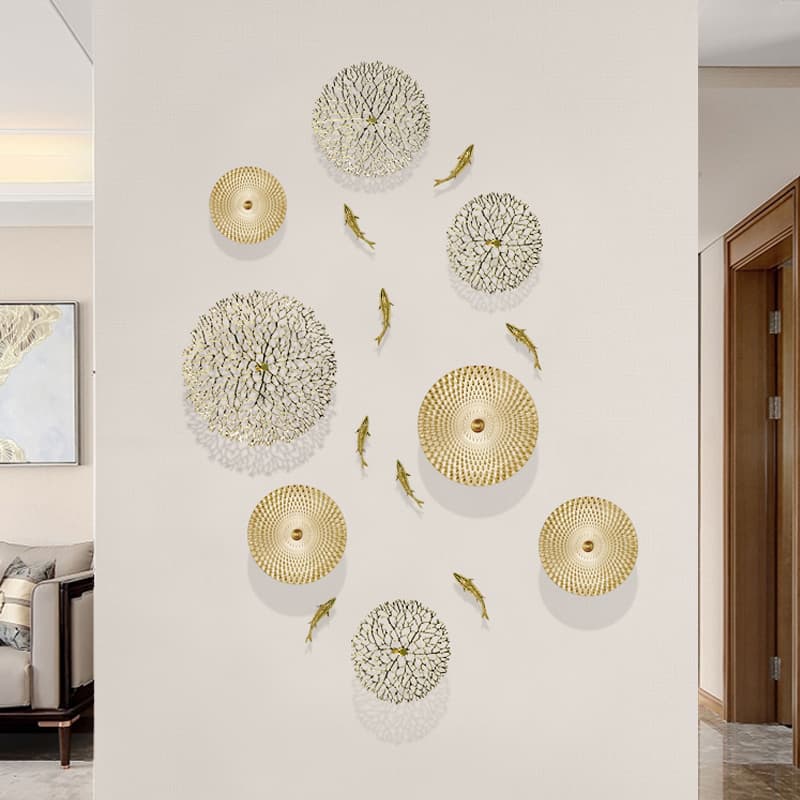 Light Luxury Three-Dimensional Nine-Fish Picture for Living Room Entrance Background Wall Decoration, Metal Wall Hanging Ornament, All-Copper Carp Fortune Bowl for Attracting Wealth