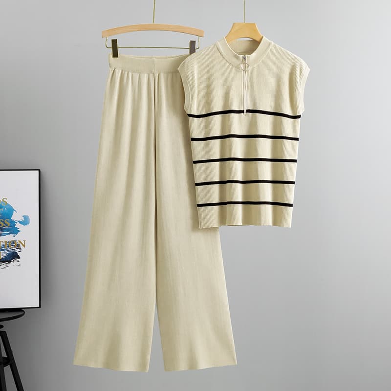 Striped Knit Half-Zip Vest Top with Contrasting Color High-Waisted Wide-Leg Pants 2025 Summer Versatile Two-Piece Set