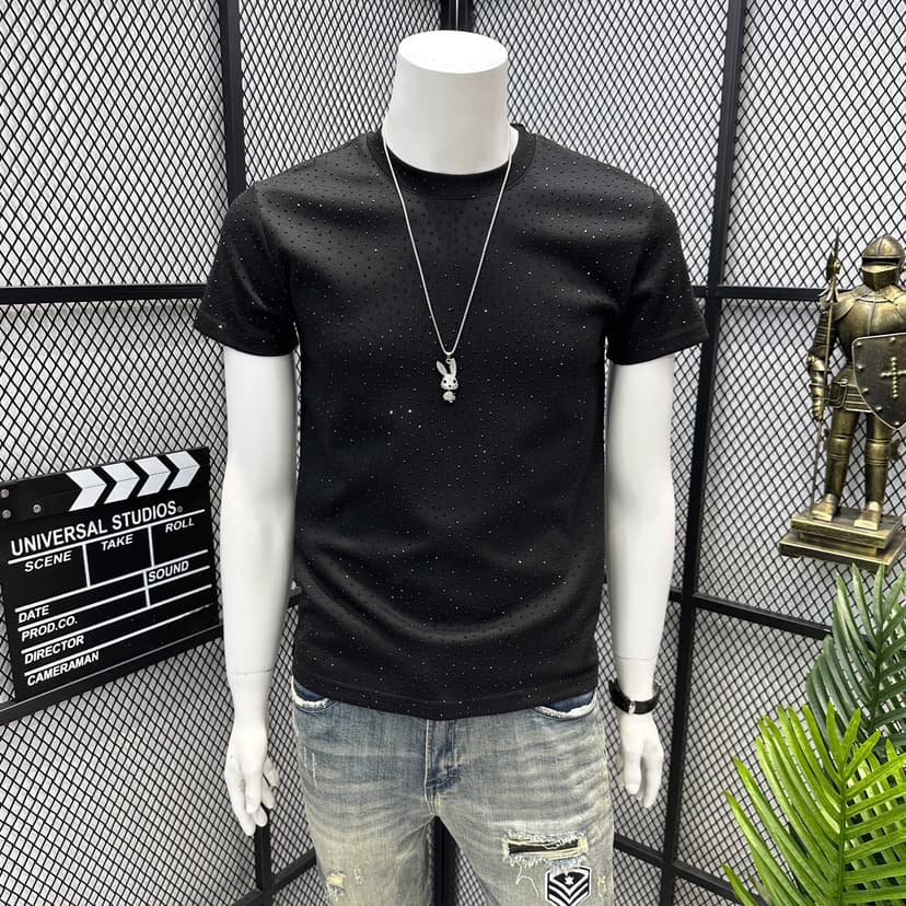 American High Street Boys' Trendy Brand Heavy-Duty Full Rhinestone Fashion Round Neck Short-Sleeve T-Shirt Loose Versatile Retro