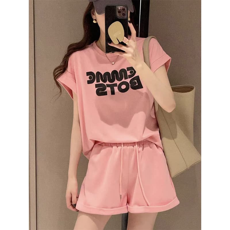 Pure Cotton Casual Sports Suit for Women, Summer Korean Style, Loose Fit, Slimming, Fashionable Short-Sleeved Shorts, Running Two-Piece Set