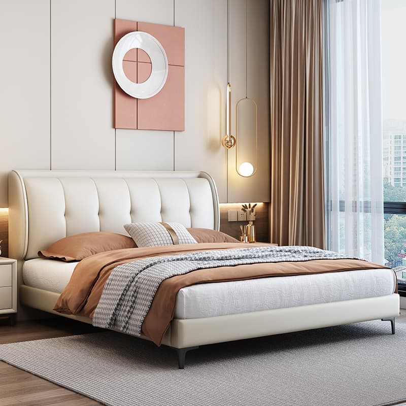 Luxurious Modern Minimalist Leather Bed, Double Master Bedroom Large Bed, High-End Elegant Solid Wood Bed, Trendy Upholstered Wedding Bed