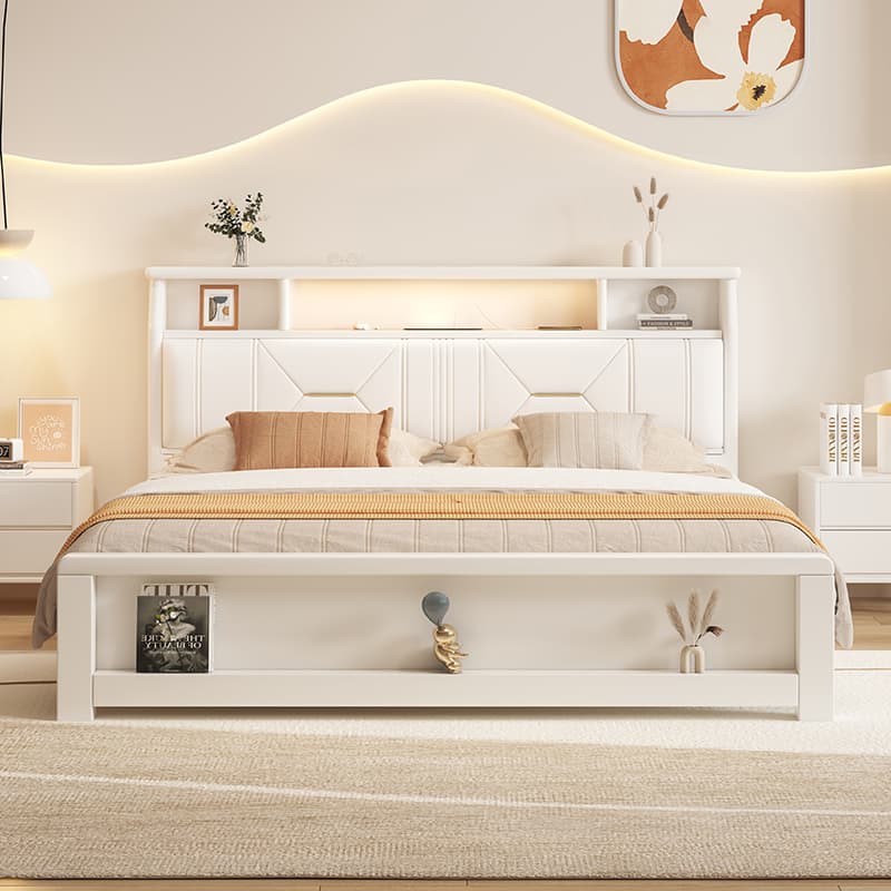 White Solid Wood Bed Modern Minimalist Small Apartment Cream Style American 1.8 m Double Bed Master Bedroom 1.2 kids Storage