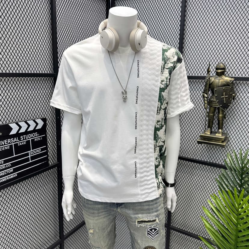 Summer Fashion Trend High-End Floral Patchwork Short-Sleeve T-Shirt for Men, Ins Trendy Brand Round Neck Casual Half-Sleeve Tee
