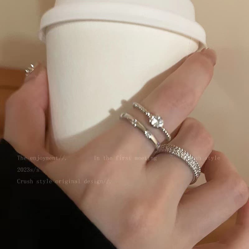 Open Rings 3-Piece Set Cross-Border Minimalist Style Ring Set for Women Plain Ring Zircon Open Ring 3-Piece Set