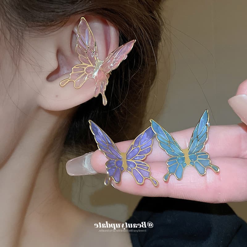 Non-Pierced Super Fairy-Like Butterfly Oil Drop Ear Clips, Sweet and Fashionable, Elegant Ear Cuffs, Versatile, Fresh and Unique Earrings