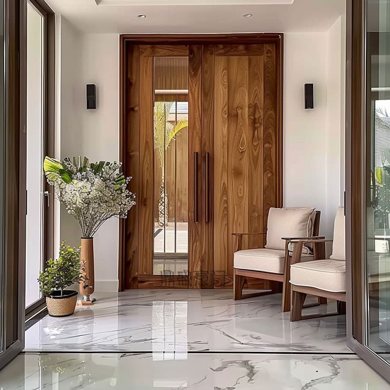 Wabi-Sabi Style Solid Teak Wood Main Door for Courtyard Villa, Rural Self-Built House Entrance Door with Smart Lock, Double-Opening Entry Door