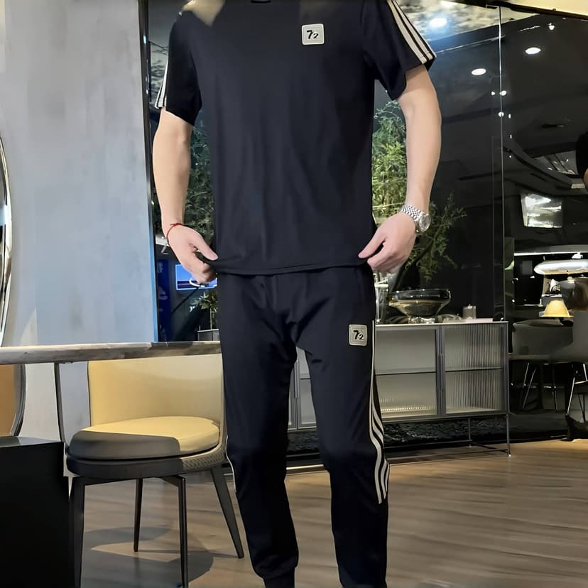 Men's Suit 2025 Autumn New Fashion Ice Silk High-Elastic Round Neck Sports Loose Versatile Casual Slim-Fit Suit