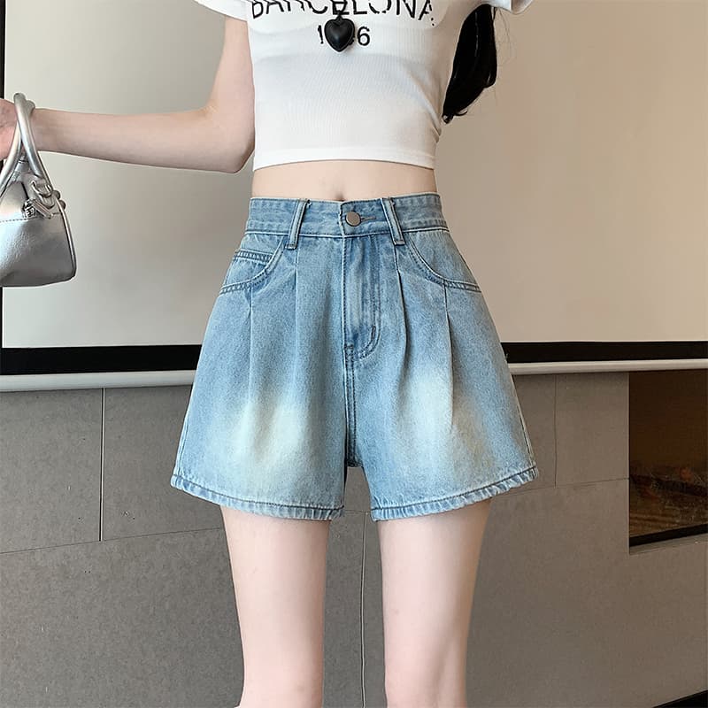 Washed Light-Colored Denim Shorts for Women, Summer Thin High-Waisted Loose Slimming Petite Plus Size A-Line Wide-Leg Hot Pants