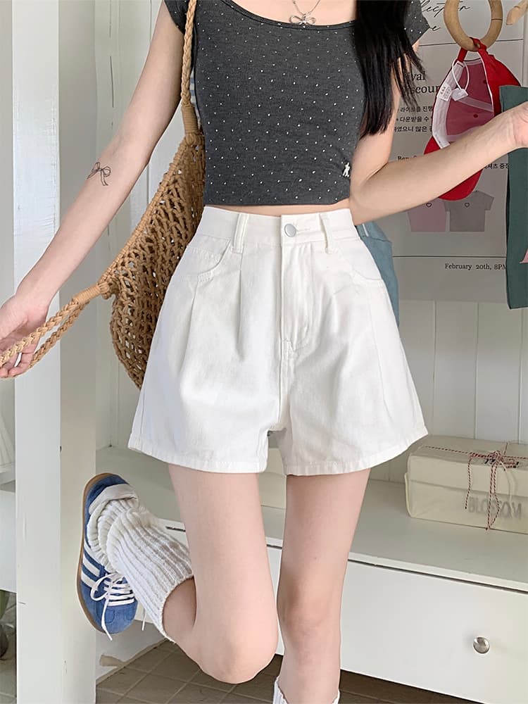 White Pleated Wide-Leg Denim Shorts for Women, Summer Loose Fit, Plus Size, High-Waisted, Slimming, Petite A-Line Hot Pants