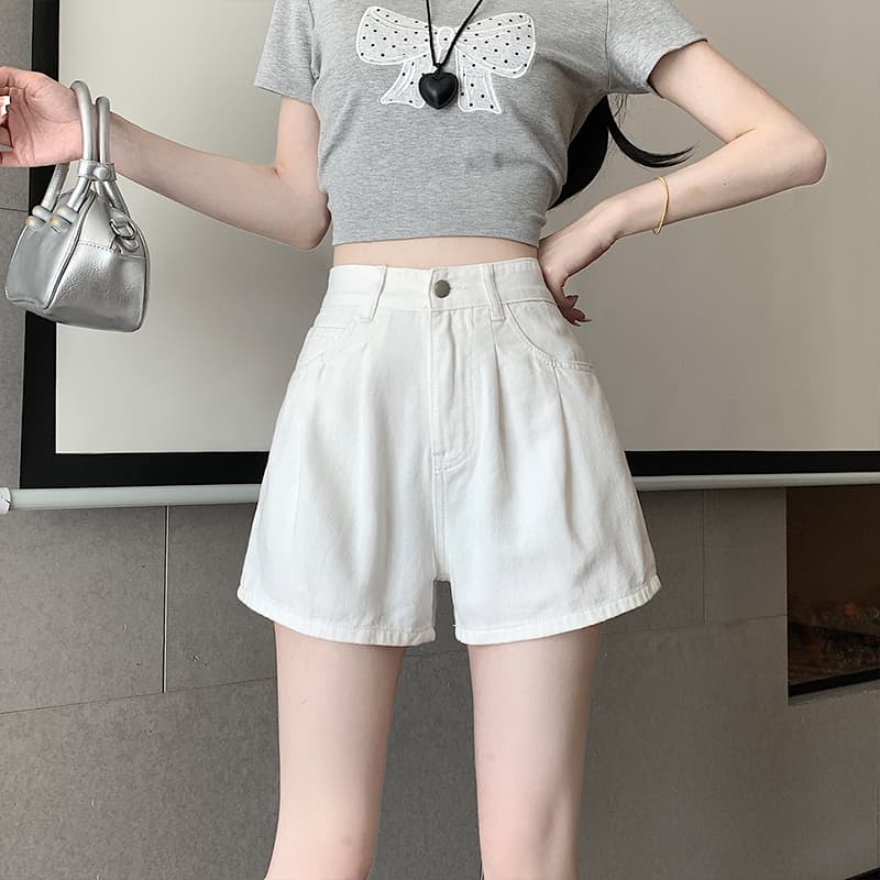 White Denim Shorts for Women, Summer Thin High-Waisted Loose Fit, Slimming, Petite, Plus Size, Versatile A-Line Wide-Leg Hot Pants