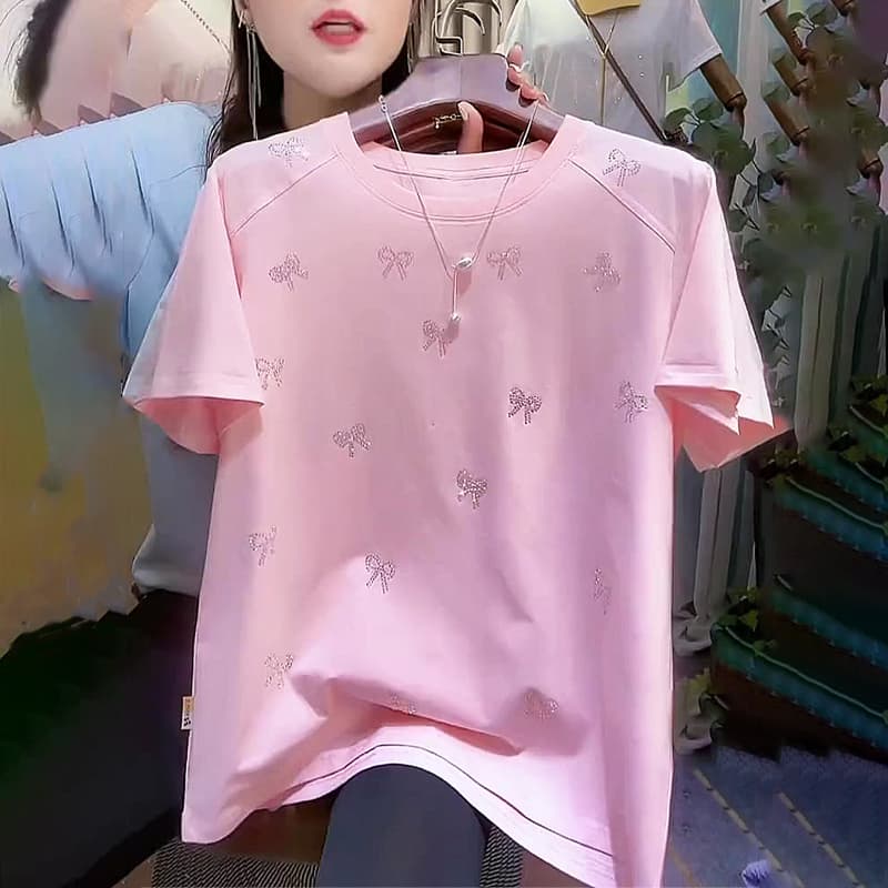 Pink Round Neck Bow Rhinestone Short-Sleeve 2025 Summer New Fashion Sweet Plus-Size Top High-End Designer T-Shirt