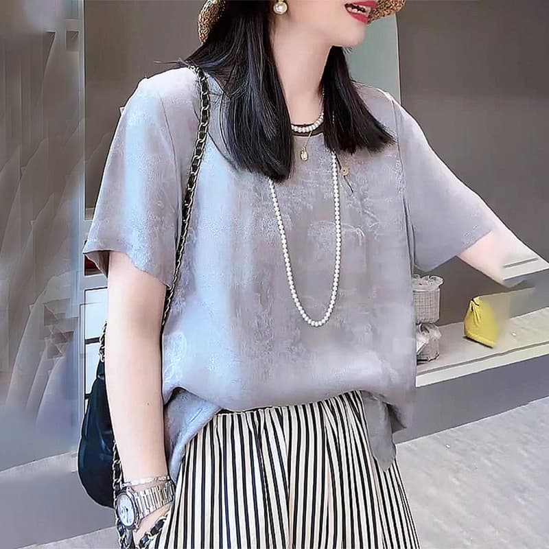 Gray Round-Neck Heavyweight Jacquard Short-Sleeve 2025 Summer New High-End Designer Style Plus-Size Chinese Style T-Shirt