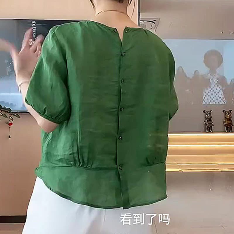 Green Round-Neck Loose Slimming Plus-Size Women's Clothing 2025 Summer Puff-Sleeve Versatile Top Single-Breasted Shirt