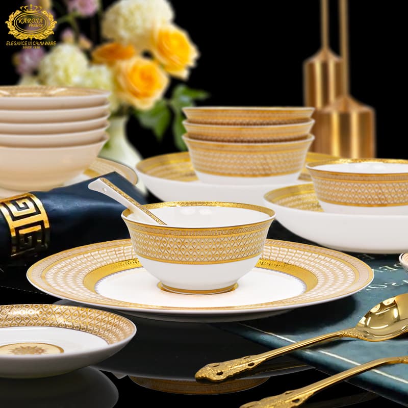 Dishes and Bowls Set, European Style, Light Luxury, High-End Bone China, Embossed Gold Tableware, Household Use, New Home, Ceramic Rice Bowls and Plates