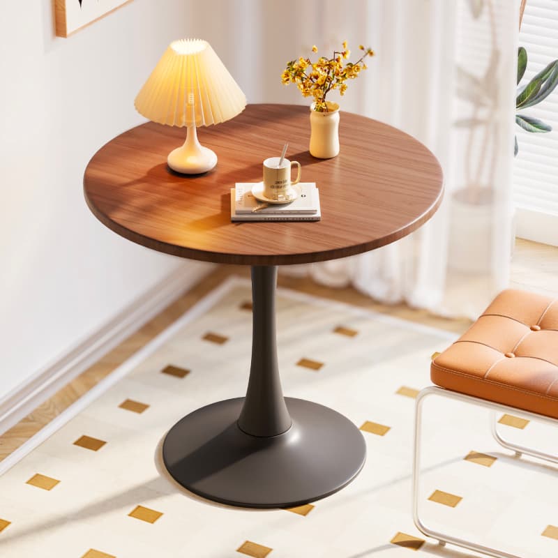 Retro Dining Table for Small Apartments, Walnut-Colored Round Dining Table, Tulip Balcony Leisure Cafe Negotiation Table