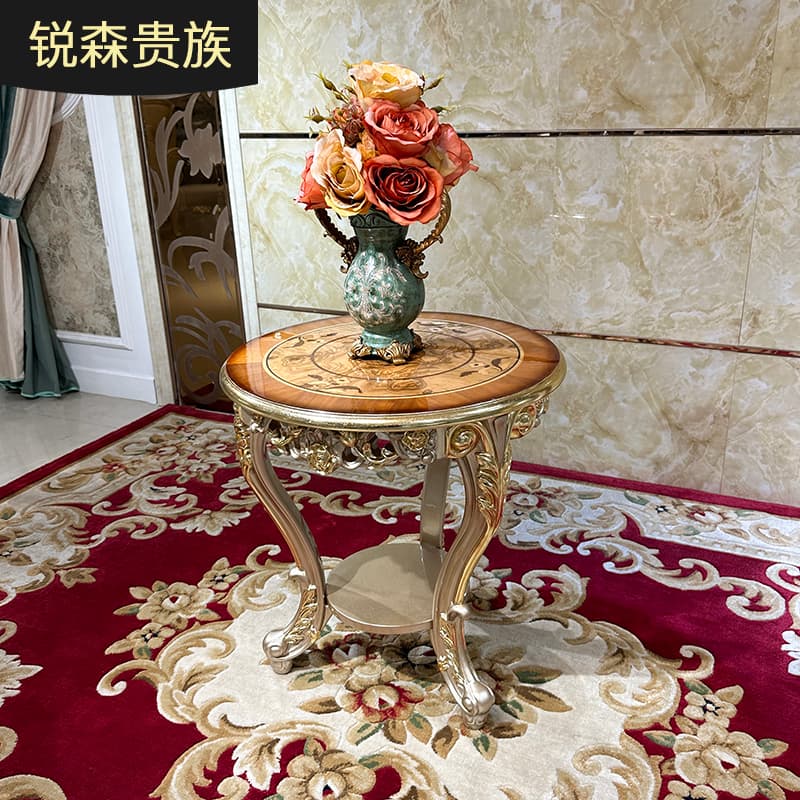 French-Style Small Round Coffee Table, European-Style Luxurious Solid Wood Living Room Corner Table, Sofa Side Table, Carved Small Round Table, Living Room Furniture