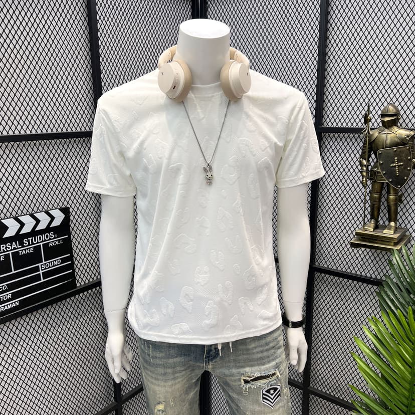 Trendy High-Street Short-Sleeve T-Shirt for Men, White Jacquard Korean Style Slim-Fit Shirt, Men's Trendy Brand Stylish Top