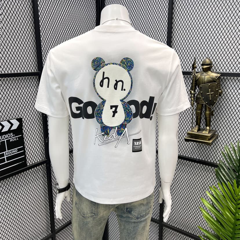 Summer Men's Fashion Casual Round Neck Short-Sleeved T-Shirt Men's Foam Print Base Shirt Trendy Personalized Embroidered Half-Sleeve