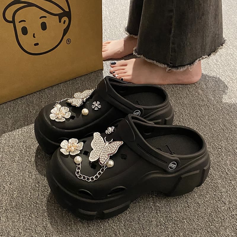 New Style Slippers, Crocs, Women's Summer Outer Wear, Thick-Soled Internet Celebrity Pearl Rhinestone Chain, Heightening Baotou Sandals and Slippers for Women
