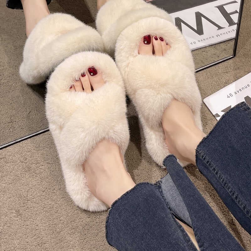 Fairy-Style Thick Plush Cross Cotton Slippers for Women, Suitable for Outdoor Wear, 2025 New Model for Spring and Autumn, Non-Slip Home Slippers