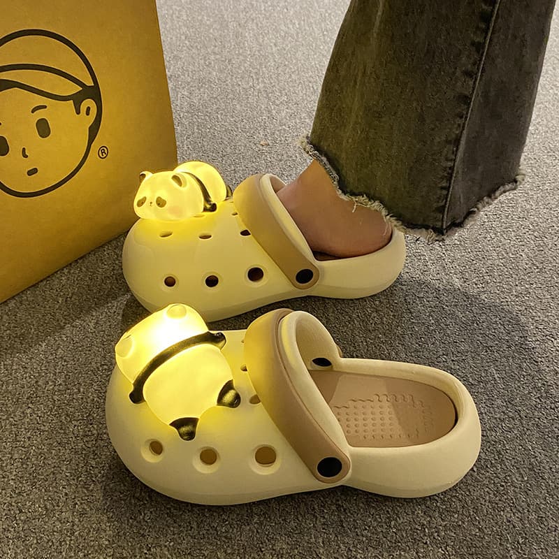 New Luminous Panda Lantern Clogs for Women in Summer with Lights, Cute and Personalized Women's Sandals and Slippers for Outer Wear, Thick Soles for Heightening
