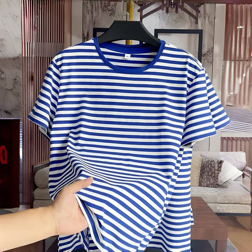 Short-Sleeved Men's 2025 Autumn New Fashion Retro Trendy Versatile Striped Crew Neck Stylish Handsome Half-Sleeve Shirt