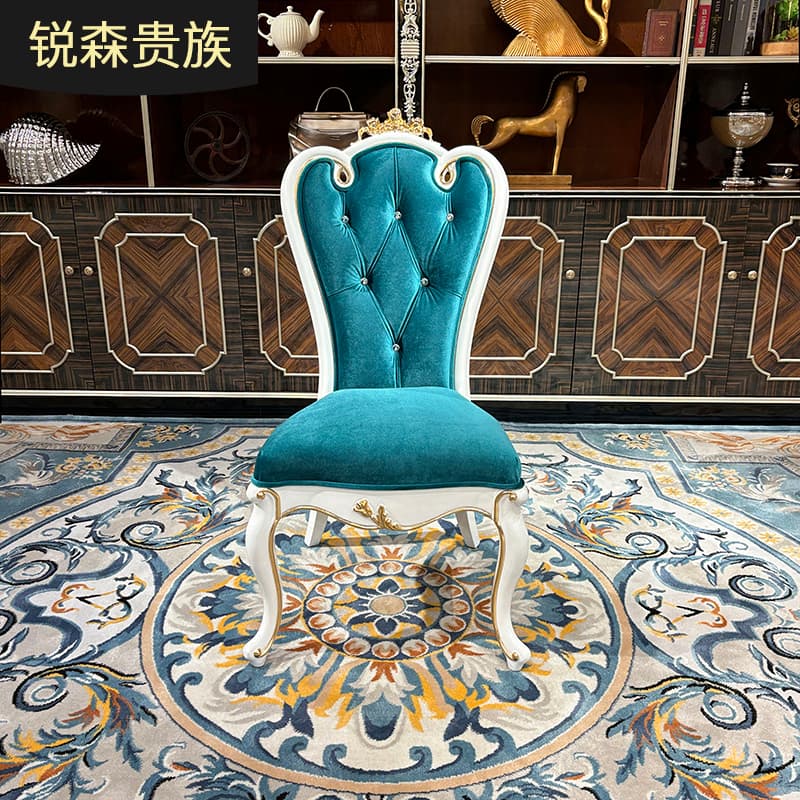French Style Fabric Dining Chair European Style Palace Luxury Solid Wood Carved Living Room Dining Chair Soft Bag Fashion Bedroom Dressing Stool