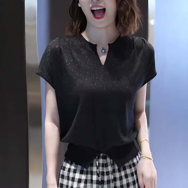 Black V Neck Knitwear for Women 2025 Summer New Style Accessible Luxury Classy Fine Glitter Design Fashionable Elegant Large Size Top