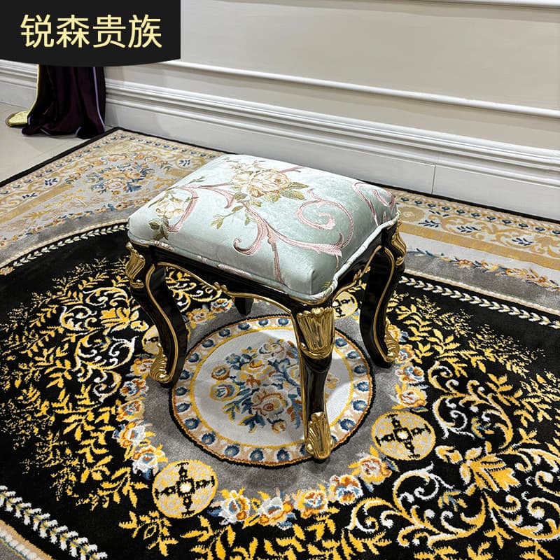 French Style Fabric Embroidered Makeup Stool European Style Palace Luxury Solid Wood Carved Stool Bedroom Burgundy Shoe Changing Stool