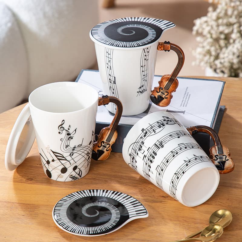 Mug with Lid, Creative Violin Instrument Handle, Ceramic Water Cup, Coffee Cup