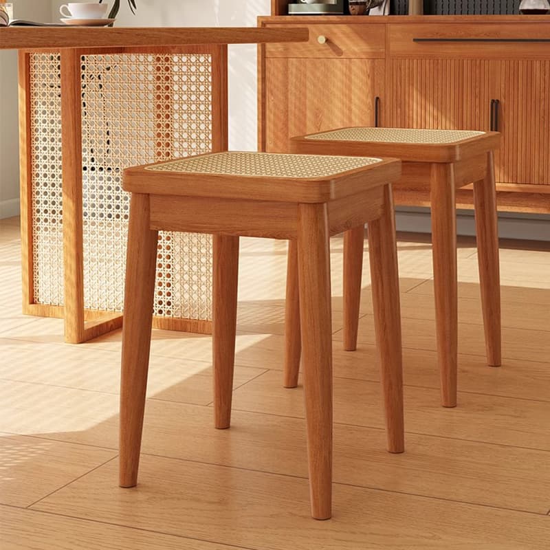 Solid Wood Rattan Breathable Square Stool, Home-Use Vintage Dining Chair, Restaurant Dining Table Stool, Stackable High Stool, Spare Chair