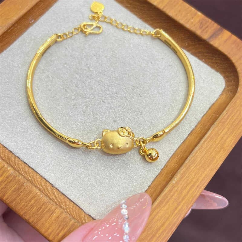 Gold kitty cat bell Bracelet women 999 gold 3D hard gold Love KT cat pure gold bracelet for girlfriend gift