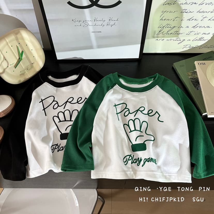 [Clearance] Children's Fashionable Raglan Long-Sleeve T-Shirt with Thermal Lining, Spring and Autumn Korean Style Printed Base Layer, Round Neck