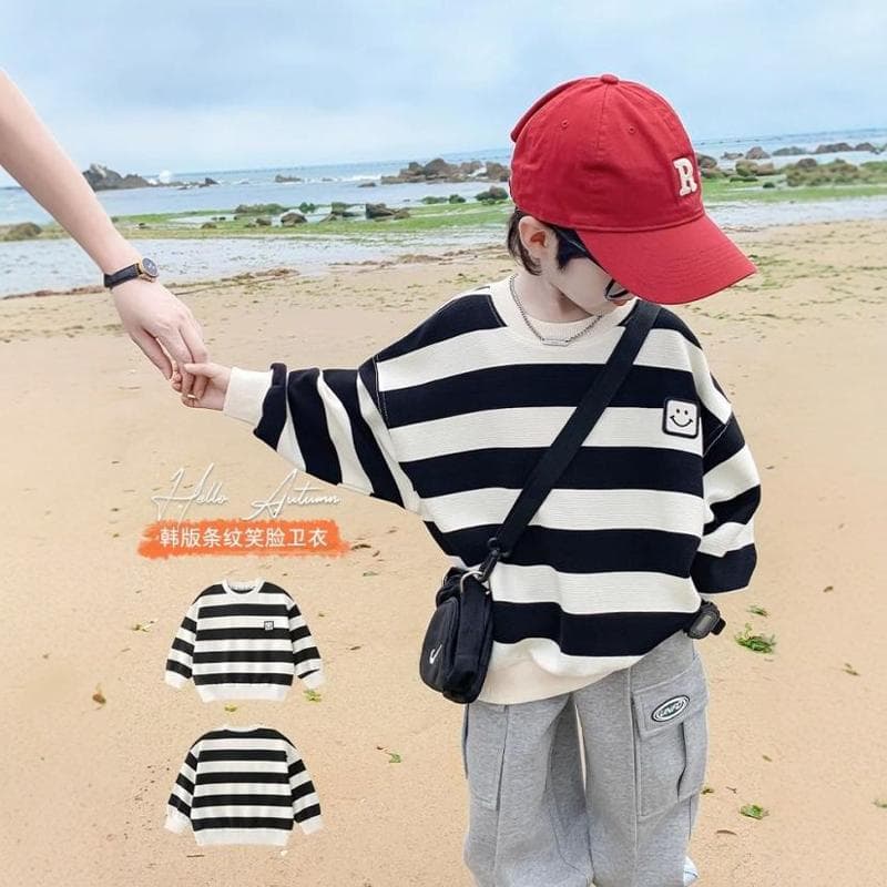 Boys' Sweatshirt, Spring and Autumn Style, Children's Autumn Long-Sleeve T-Shirt, Striped Clothing, Korean Style Pullover, Round Neck, Stylish Top