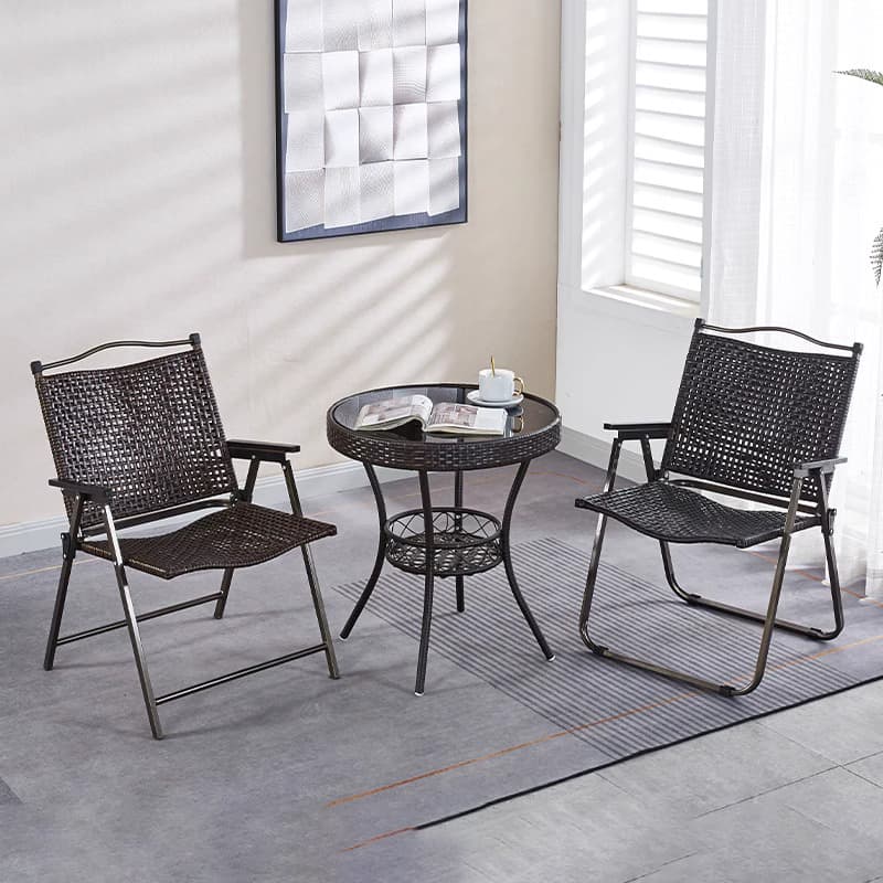 Three-Piece Set of Balcony Rattan Chairs with Rattan Backrests, Folding Chairs, Simple Tea Table, Leisure Outdoor Courtyard Open-Air Table and Chair Combination