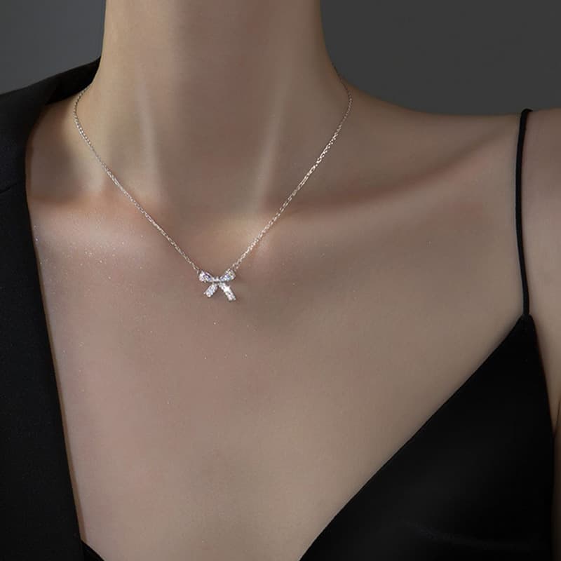 Bow Necklace for Women Cross-Border Fashion Diamond-Encrusted Bow Necklace ins Simple Clavicle Chain for Women