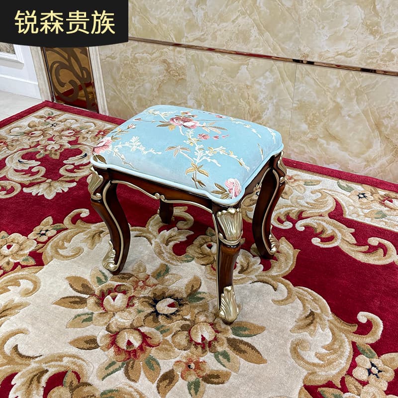 French Style Makeup Stool European Style Fabric Dressing Stool Palace Luxury Solid Wood Carved Stool Bedroom Wood Color Shoe Changing Stool