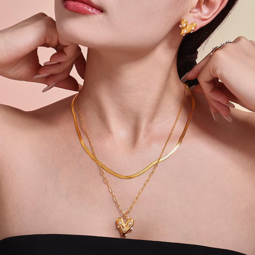 Cross-Border European and American Style ins Heart-Shaped Imitation Pearl Jewelry Set Titanium Steel Pvd Electroplated Necklace Earrings Ring Bracelet